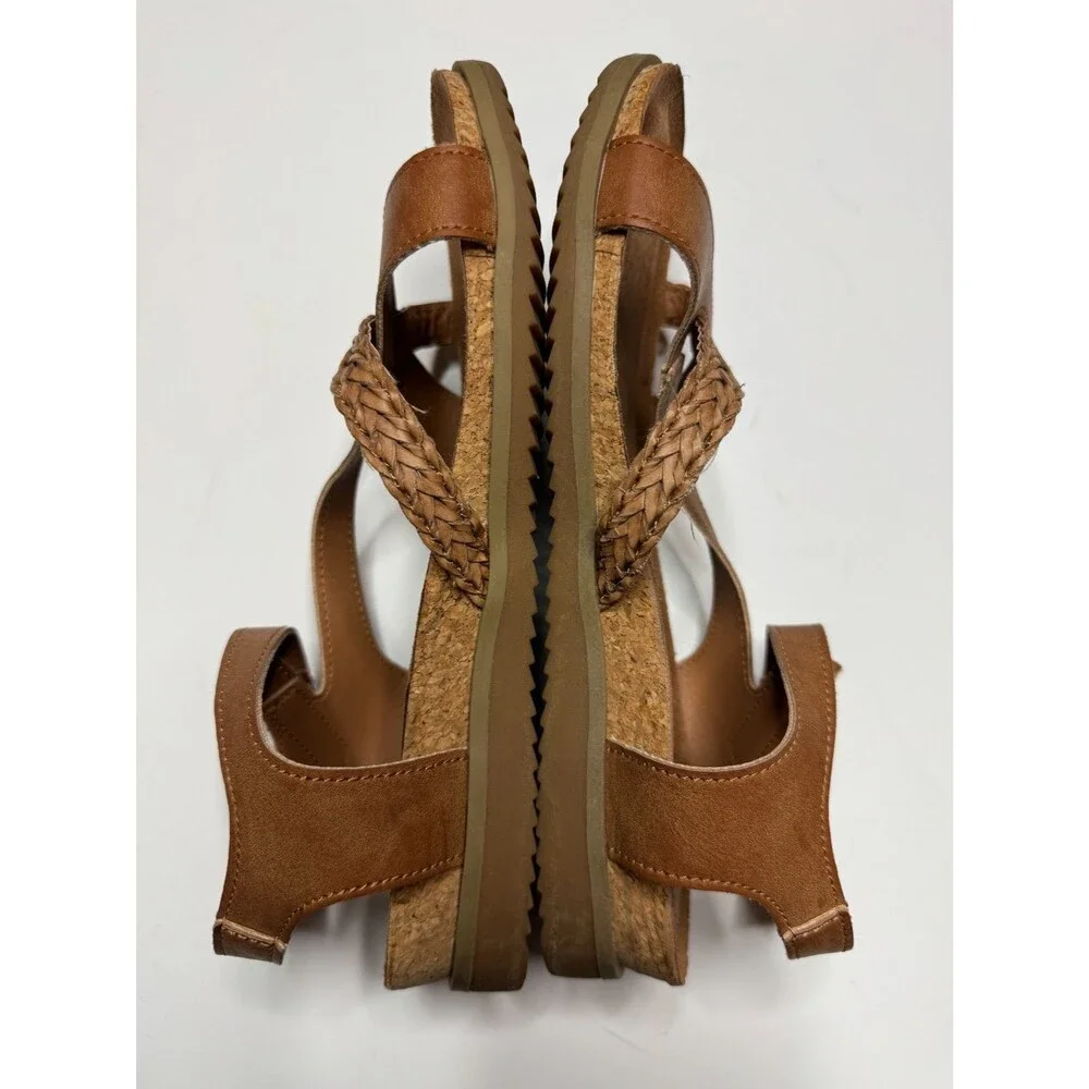 Jessica Cline Size 7M Brooke Wedge Sandals Tan Braided Strappy Crisscross Ankle